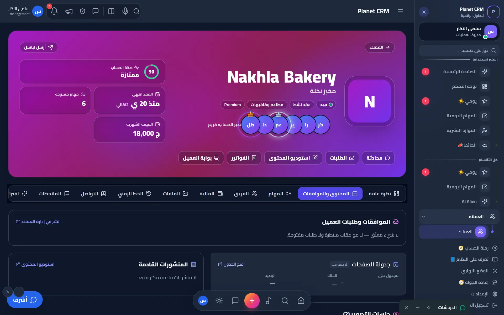 ملف العميل — تبويب المحتوى والموافقات
