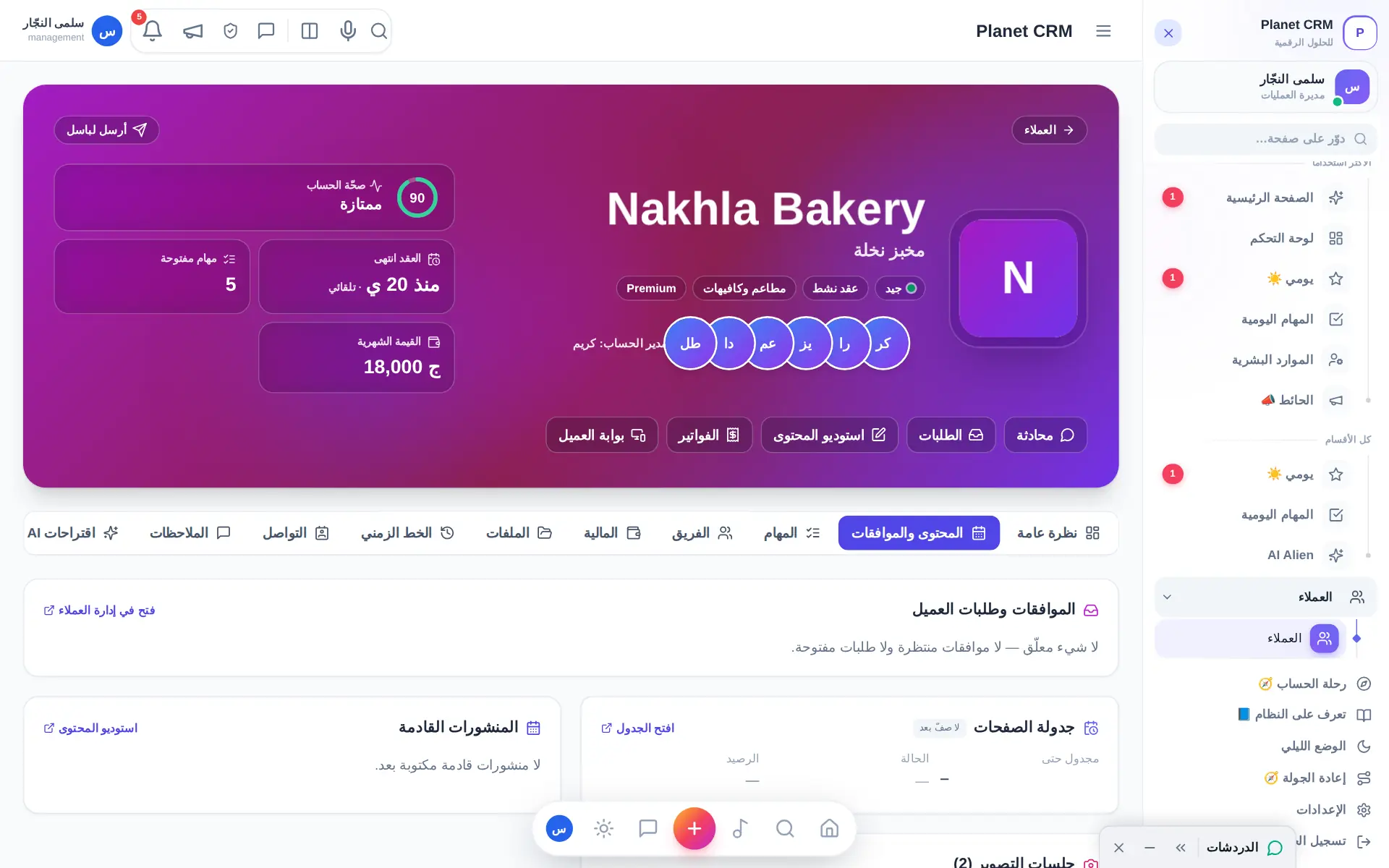 Client file — content & approvals tab