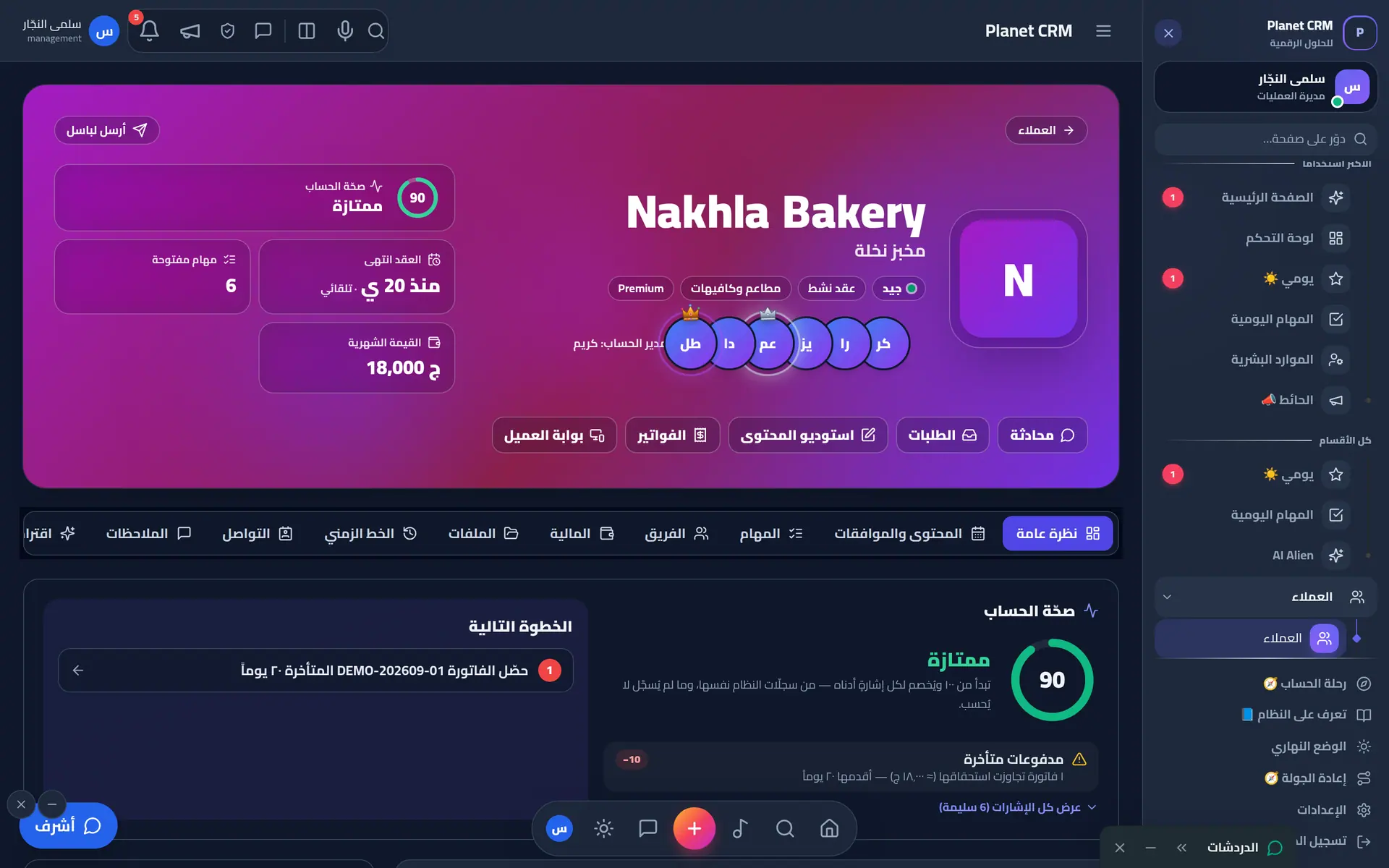 ملف العميل الكامل: صحة الحساب والعقد والفريق والإجراءات السريعة