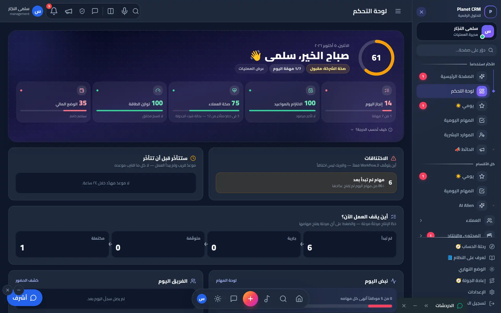 Operations dashboard: company health score, KPIs, bottlenecks and team pulse
