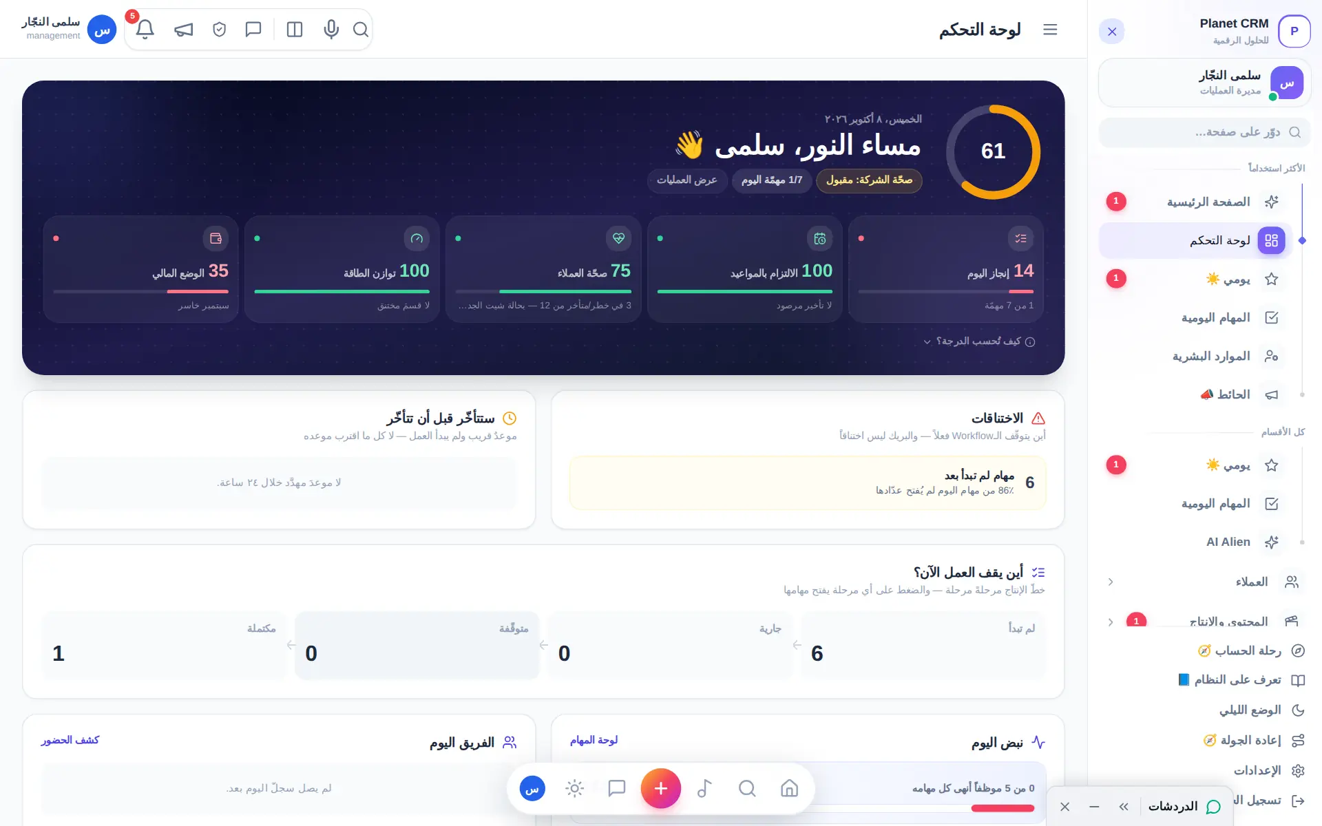Operations dashboard: company health score, KPIs, bottlenecks and team pulse