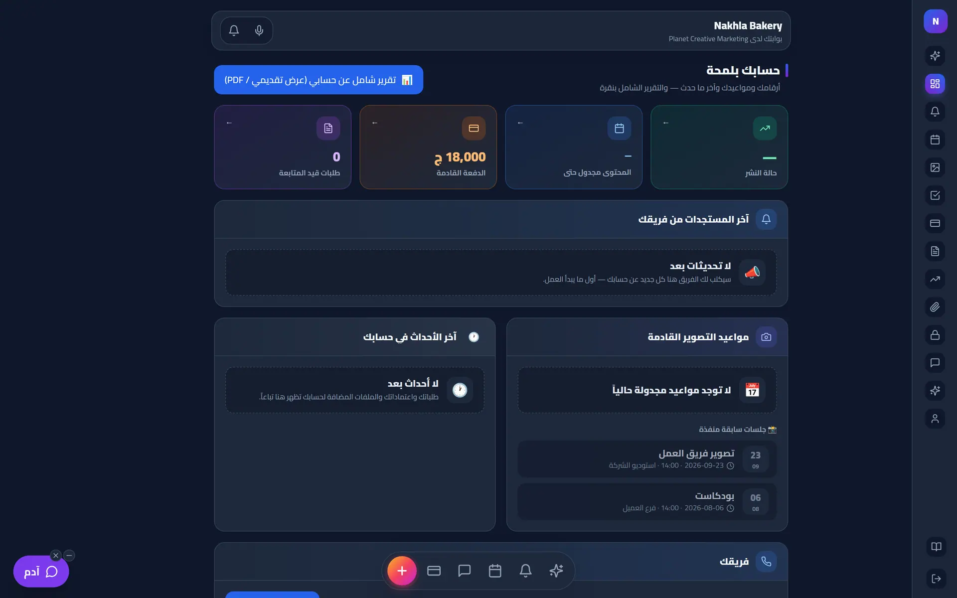 نظرة عامة في بوابة العميل وتقرير PDF بنقرة